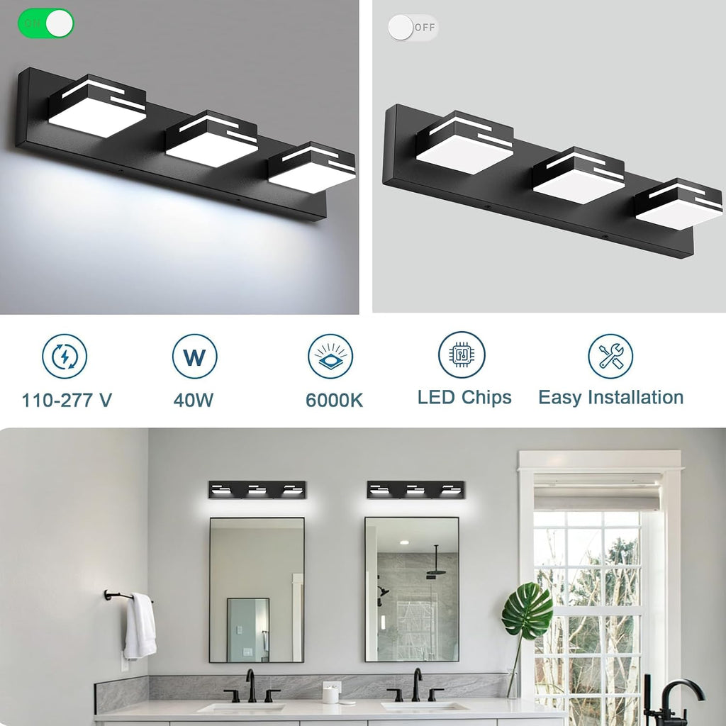 LED Modern Bathroom Vanity Light Fixtures, Dimmable Matte Black Vanity Lights Lighting Fixtures Over Mirror, with