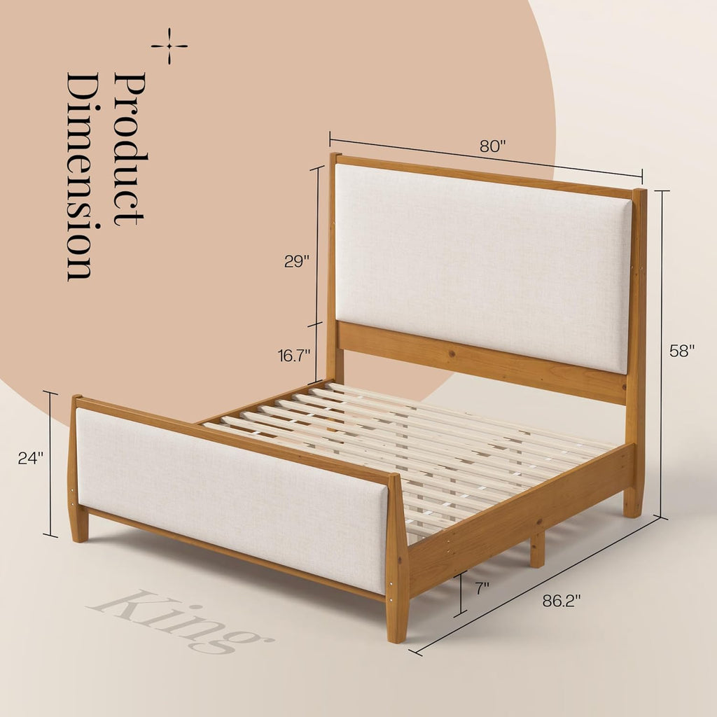 58" Tall Solid Wood King Bed Frame with Upholstered Headboard & Footboard, Wooden Platform Bedframe, No Box Spring