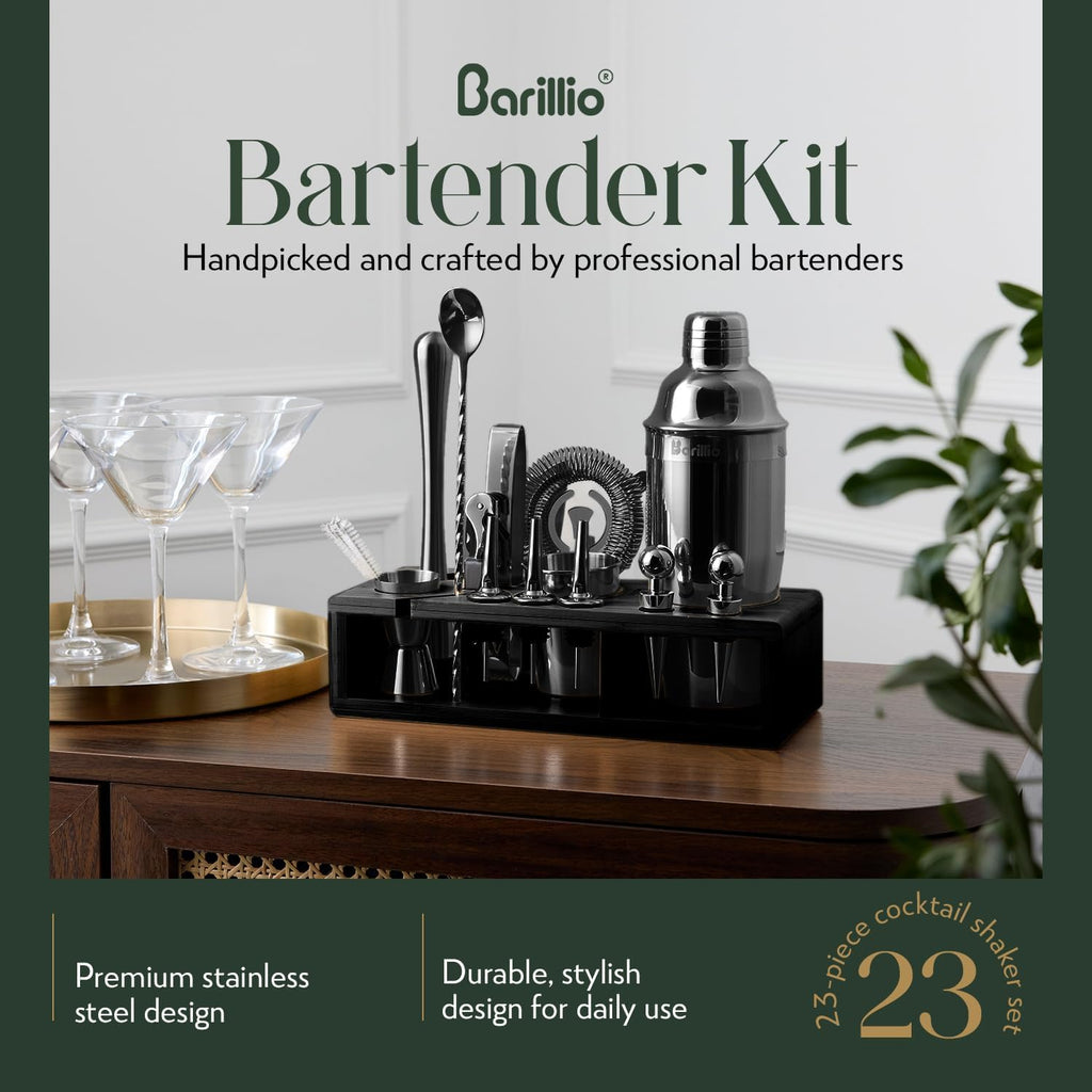 Black Bartender Kit - Stainless-Steel Cocktail Shaker Set w/Black Bamboo Stand - Mixology Bar Tools w/Drink Shaker