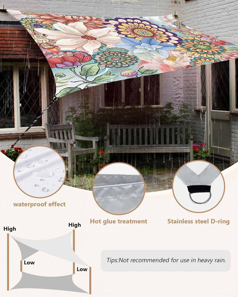 Sun Shade Sail 8'x10' Boho Floral Rectangle Sun Shade Sails Canopy Waterproof Mandala Flowers Plant Outdoor Sunshades