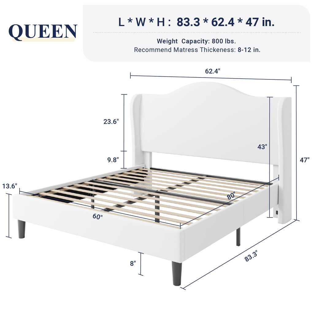 Queen Size Bed Frame, Plush Velvet Wingback, Modern Style, White