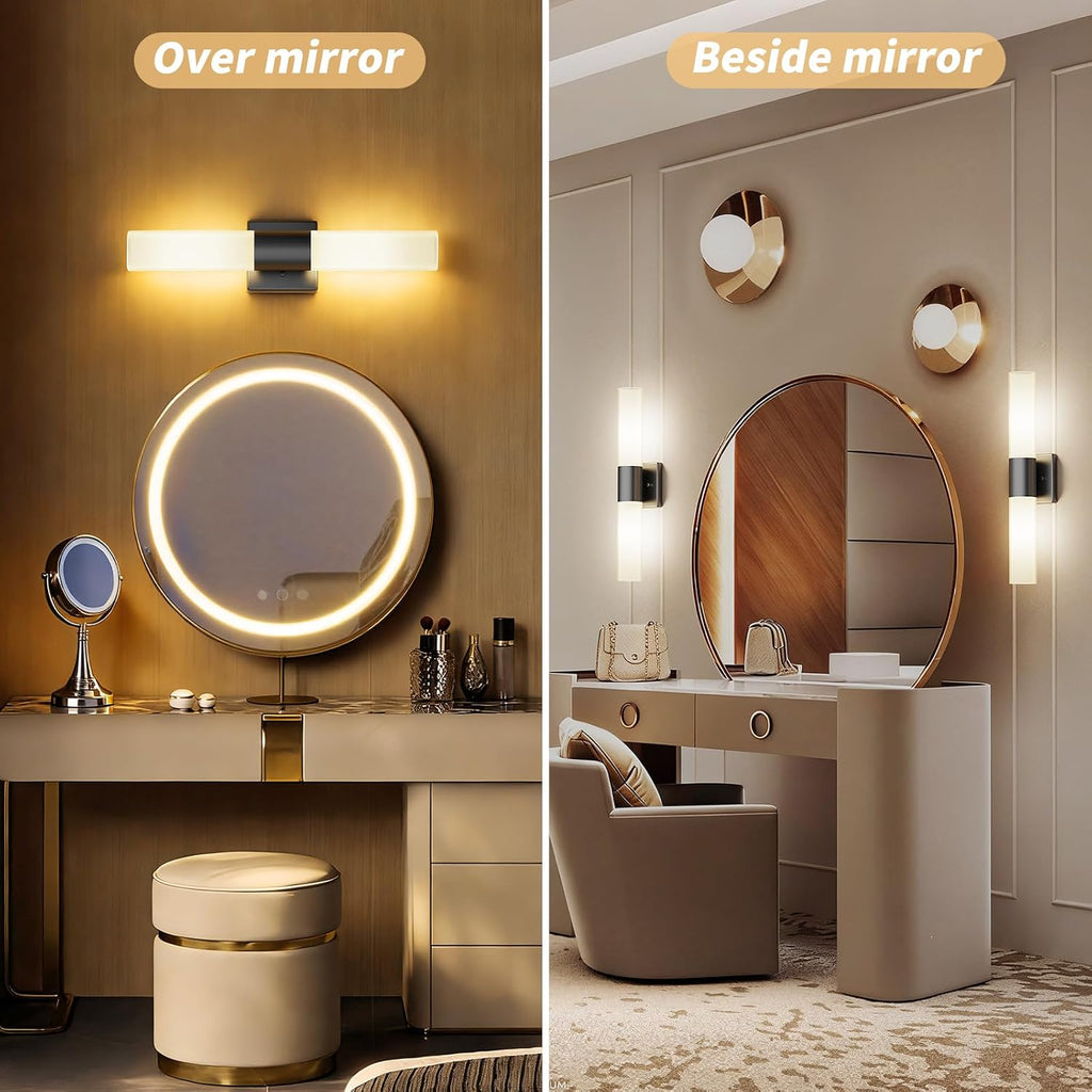 Wall Sconces Set of Two, Modern 21" Vanity, Frosted Glass, Black | Indoor Wall Light Fixture. , Mirror, Bedroom