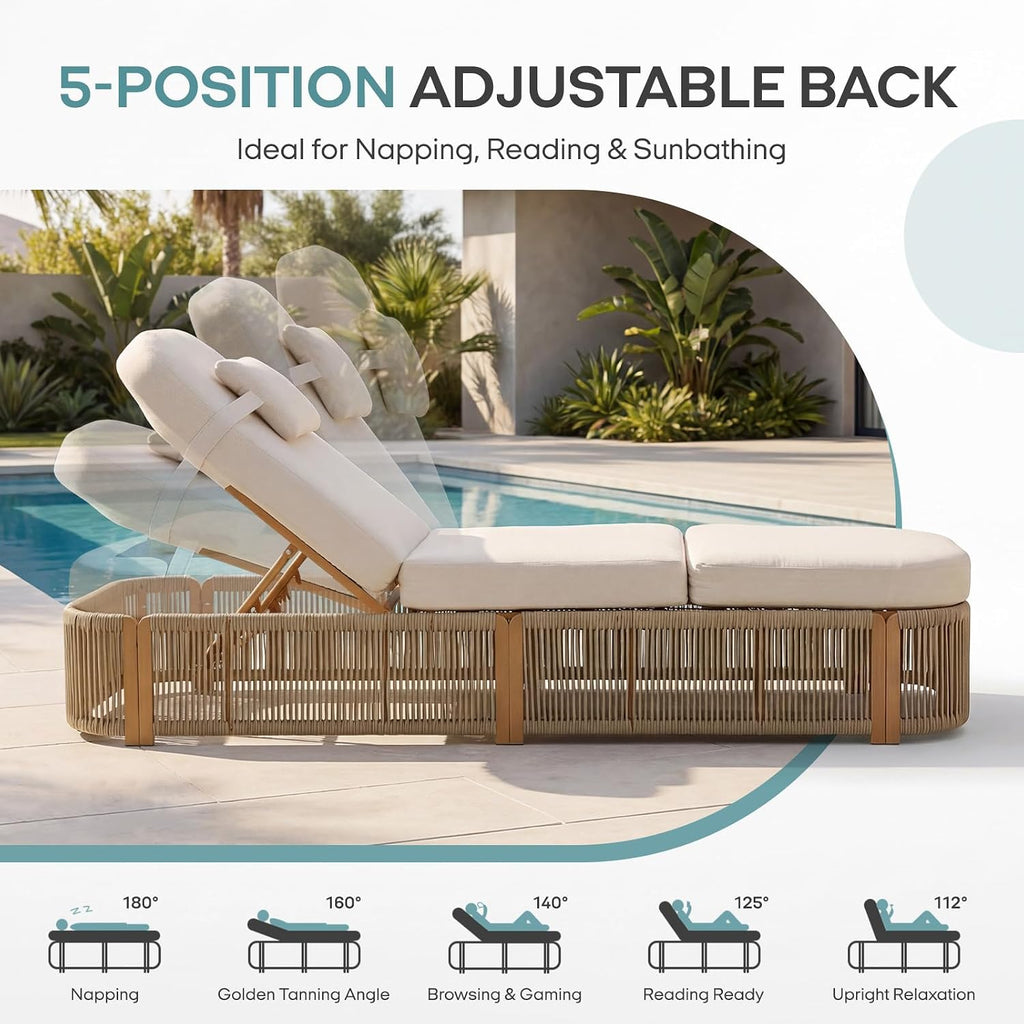 Outdoor Chaise Lounge Chairs, 5-Position Adjustable Patio Reclining Lounge Chairs with Cushion, All-Weather Rope
