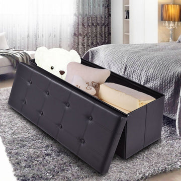 Folding Storage Ottoman Faux Leather Large Bench Foot Rest Pouffe Box Stool Seat Folding Storage Box, Black (Black)