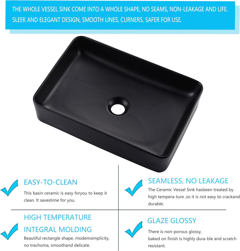 20 Inch Matte Black Vessel Sink Rectangular