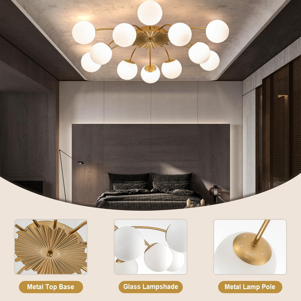 12-Light Milk Glass Pendant Light, 40" Sputnik Bubble Glass Chandelier Light Fixture, Hand Blown Semi Flush Mount