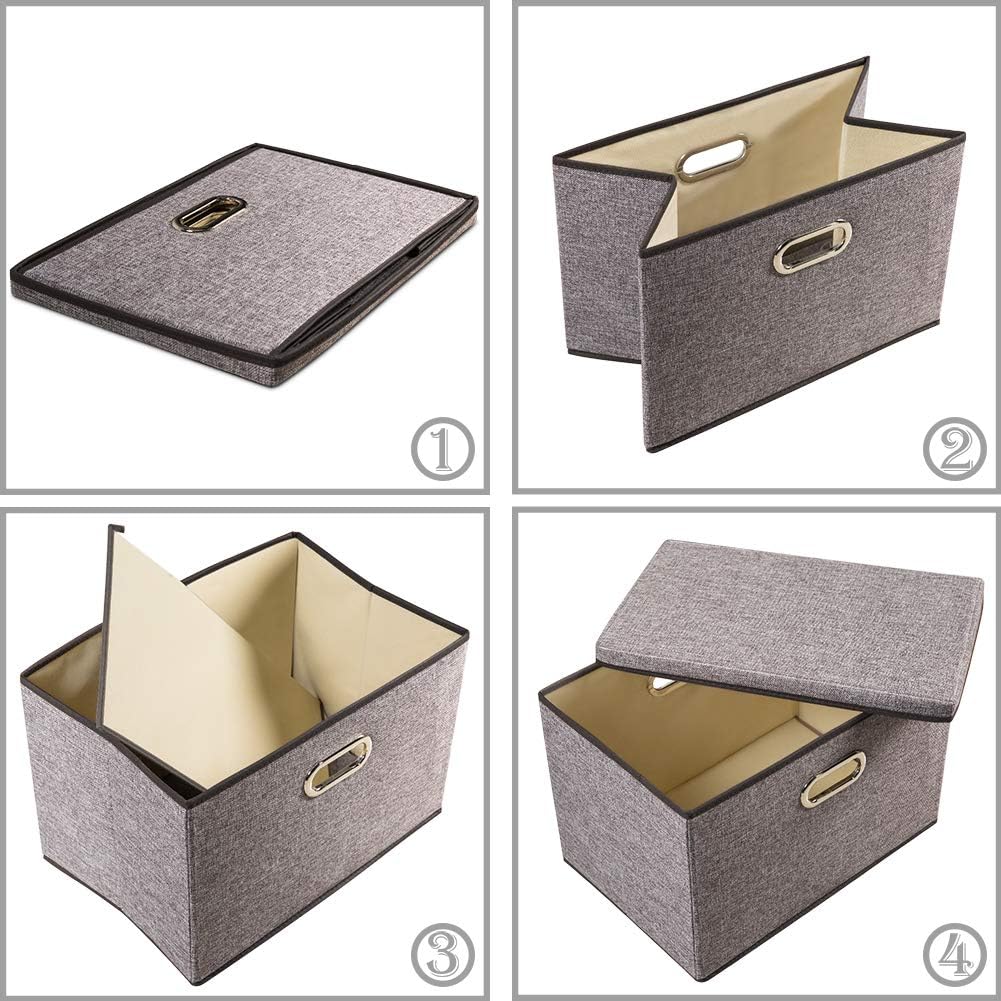 Large Collapsible Storage Bins with Lids [3-Pack] Linen/Cotton Blend Foldable Storage Boxes Organizer Containers