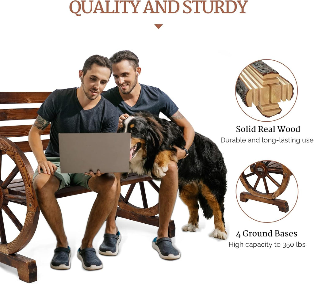Rustic Wooden Wheel Bench Outdoor Bench, Patio Bench Wagon Slatted Seat, Garden Benches for Outdoors 350lbs High