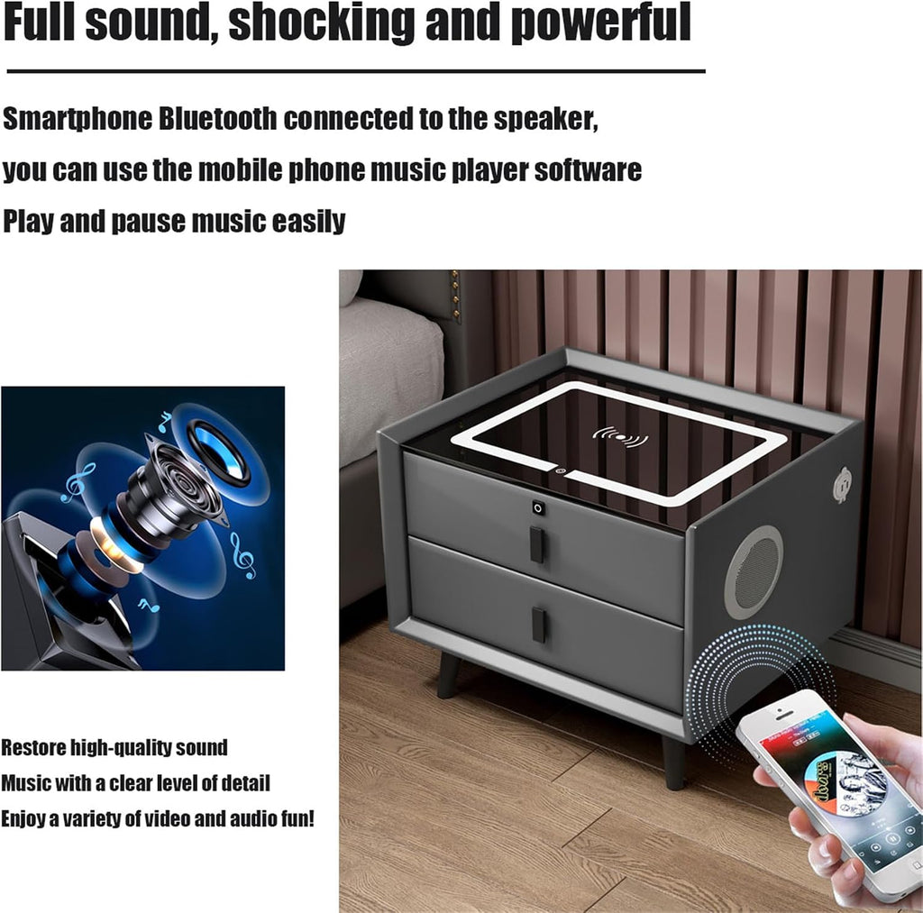 Black,Three drawers, Table Bedroom Smart Bedside Table with LED Light,Smart Nightstand with Fingerprint Lock and
