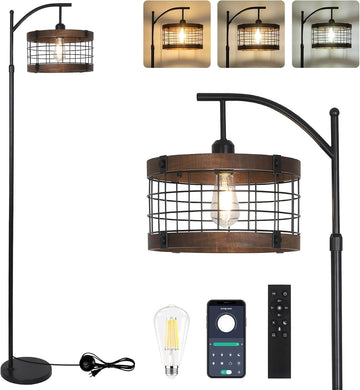 Arc Floor Lamp with Remote & Dimmable LED Bulb, Vintage Wood Floor Lamps