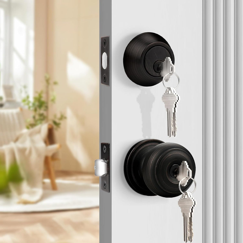 Entry Door Knob Lock Set and Single Cylinder Deadbolt Combination Set, Oil-Rubbed Bronze (3 Pack) Keyed Alike