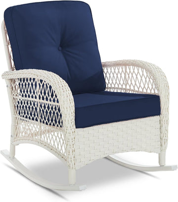 Outdoor Wicker Rocking Chair, Patio Rattan Rocker Chair with Cushions & Steel Frame, All-Weather Rocking Lawn