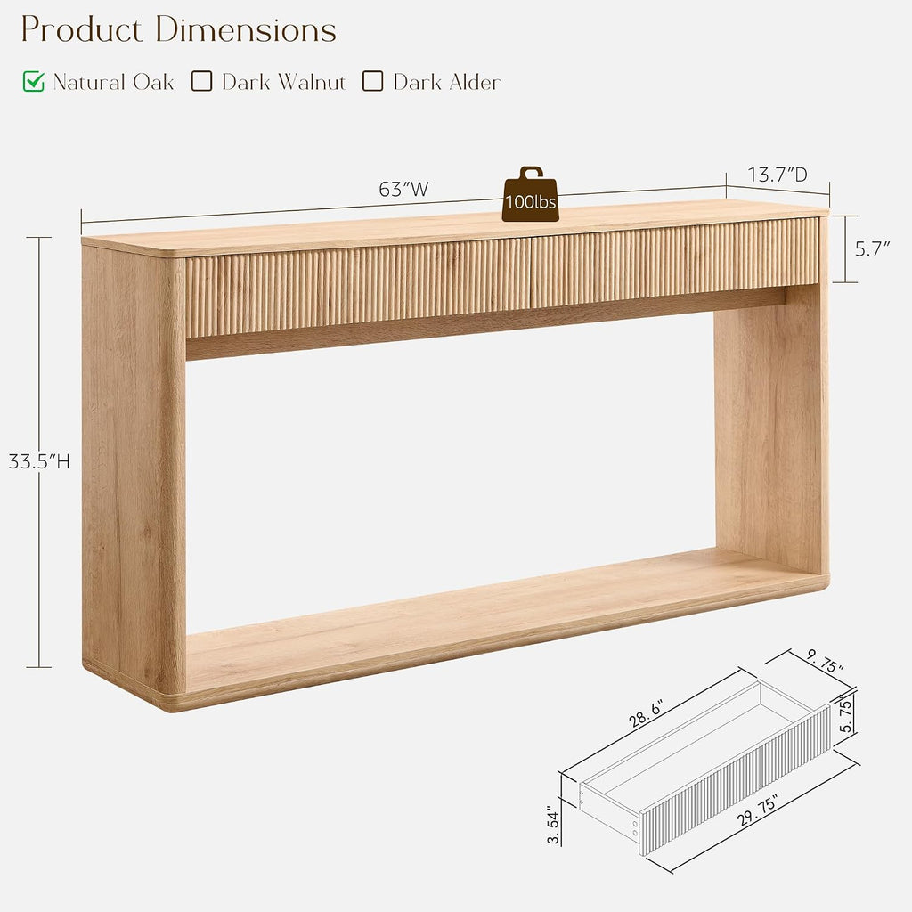 63" Fluted Console Table , Modern Entryway Table with 2 Large Drawers, Long Sofa Table Behind Couch , Couch