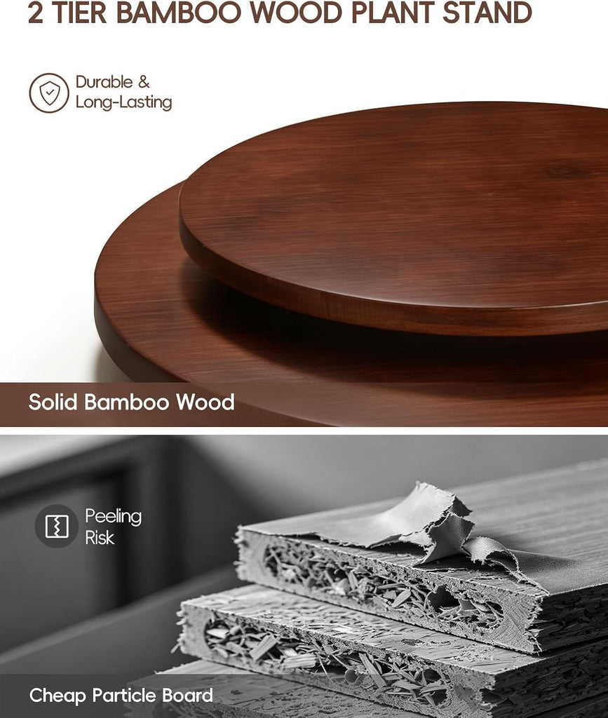 2 Tier Round 12 inch Bamboo Plant Stand Indoor Outdoor,Wood Flower Stand | Mid Century Corner Plant Pot Holder