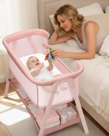Bassinet, Bedside Bassinet for Baby | Bassinet Bedside Sleeper with Mattress, Storage Basket and 4 Auto-Lock Wheels