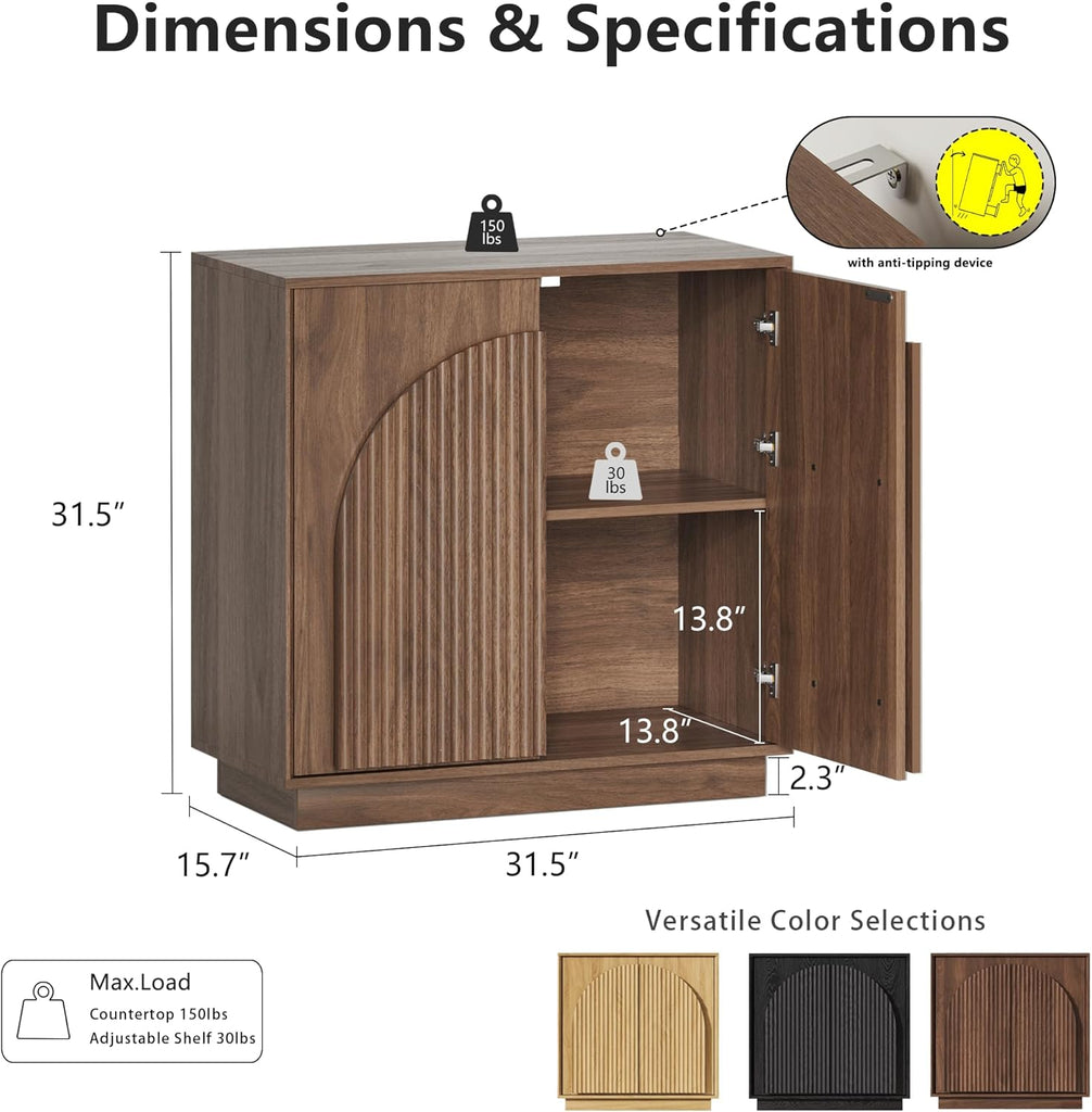 31.5" Small Buffet Cabinet with Storage, Arched Doors, Walnut, 1PCS | Modern Console Cabinet for Dining Living Room