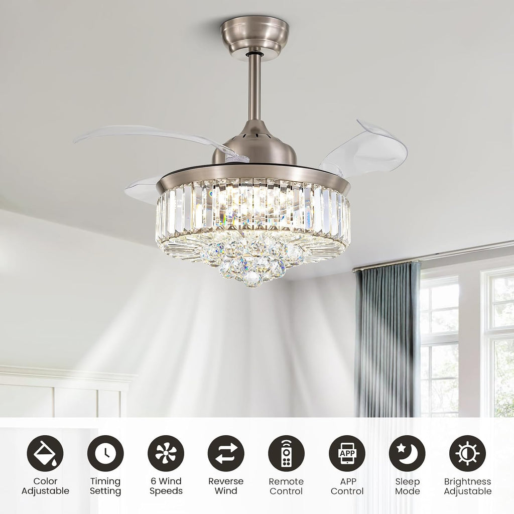36 Inch Crystal Chandelier Fan, Ceiling Fan with Light and Remote Control, Invisible Retractable Fandelier, Dimmable