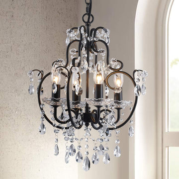 4-Lights Crystal Chandelier with K9 Crystals, Black Farmhouse Style Pendant Light Fixture, H17 x D12, Chain Adjustable