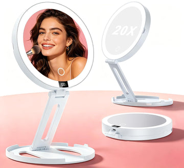 Lighted Travel Makeup Mirror with 20X Magnification & Smart Power Display, Rechargeable 2000mAh Double