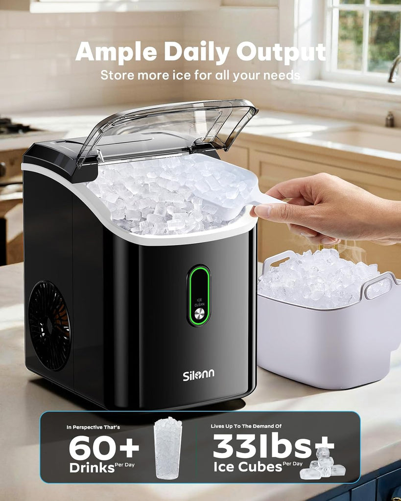 Nugget Ice Maker Countertop, Pellet Ice Machine with Self-Cleaning Function, Sonic Ice Maker Produces 33lbs
