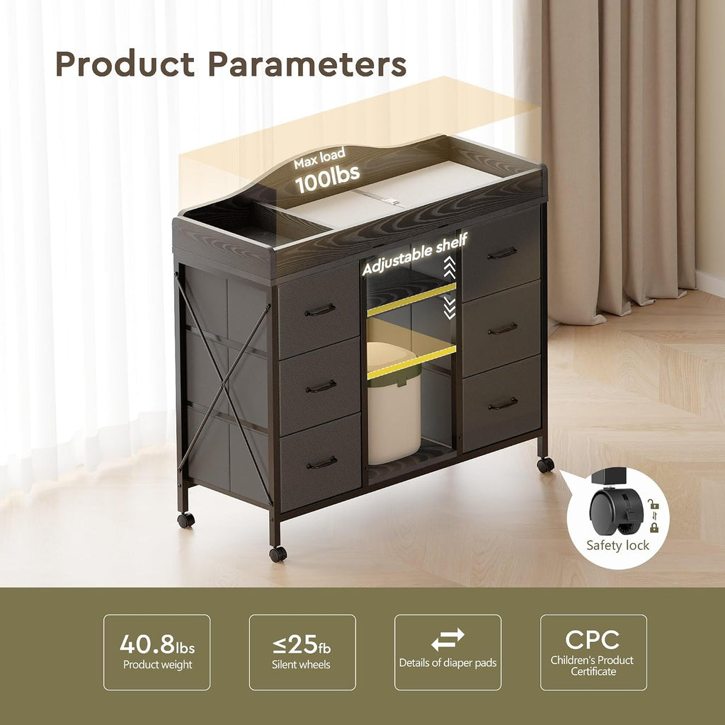 Changing Table, 6-Drawer Dresser, Adjustable Shelves, Mobile, Black | Changing Table,Waterproof Diaper pad & Safety
