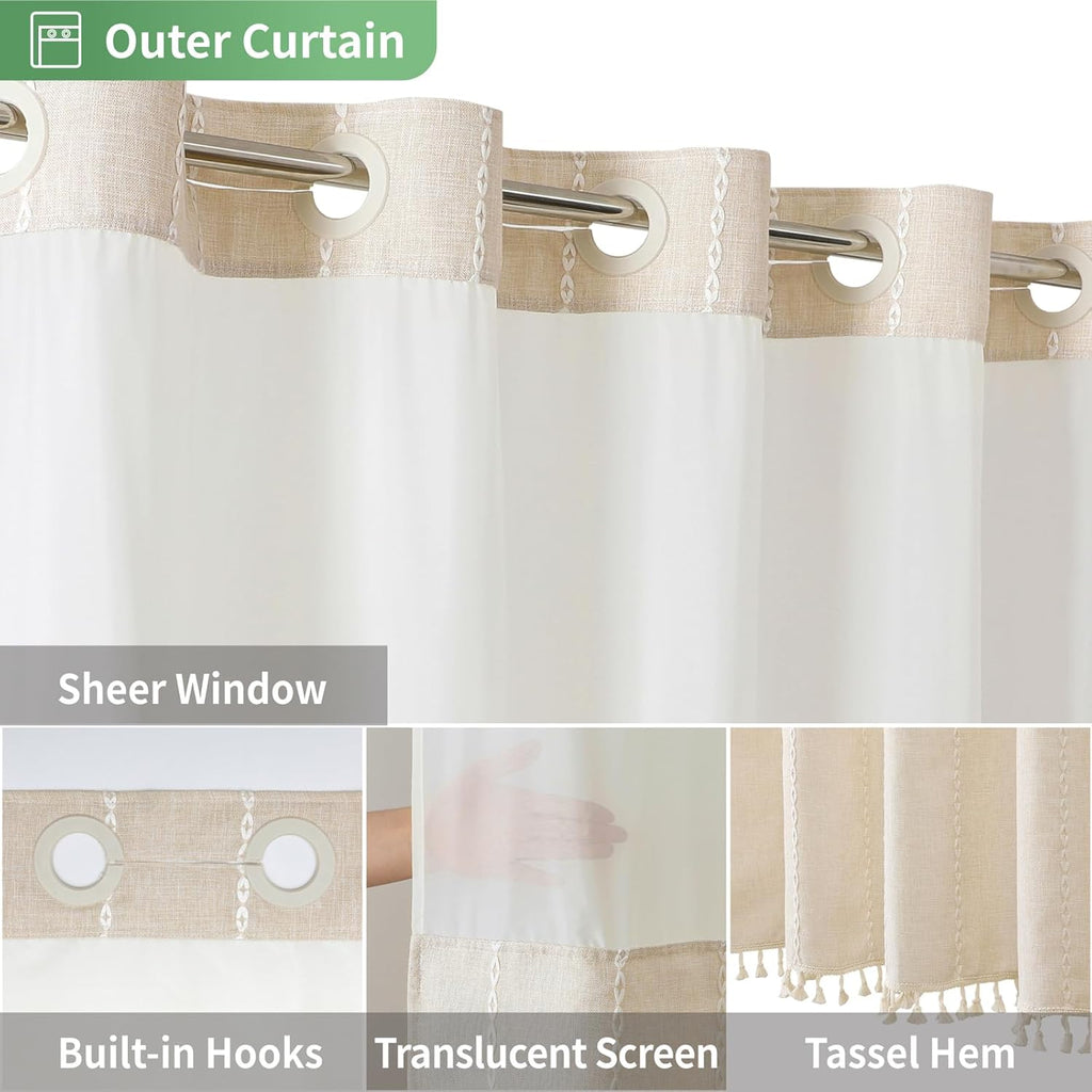 Boho Farmhouse No Hook Shower Curtain Set with Snap-in Fabric Liner,Heavy-Duty Linen Textured Rustic Striped