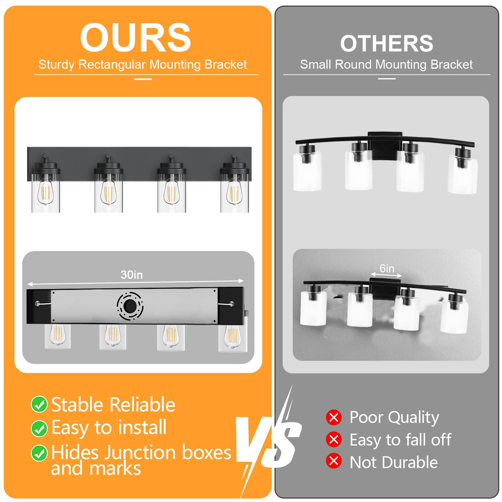 Bathroom Vanity Light Fixture, 4-Light 30 Inch Matte Black Bathroom Light Fixtures Over Mirror, with Clear Glass