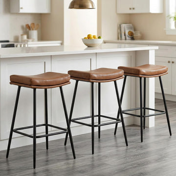 Saddle Bar Stools Set of 3,Counter Height Bar Stools Counter Farmhouse Modern Faux Leather Barstools with Upholstered