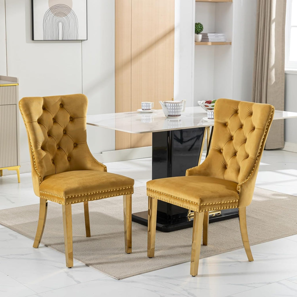 Velvet Dining Chair Set of 2, Tufted Upholstered High Wingback Chairs with Nailhead Trim, Pull Ring Back, Gold