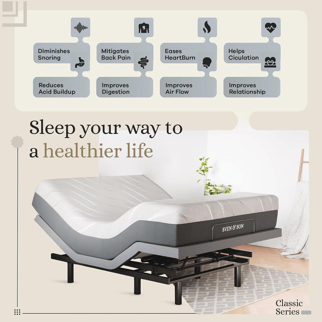 Classic Adjustable Bed Base, Head and Foot Lift, Massage, Under-Bed Lights, USB, Gel Memory, Zero Gravity Smart Frame