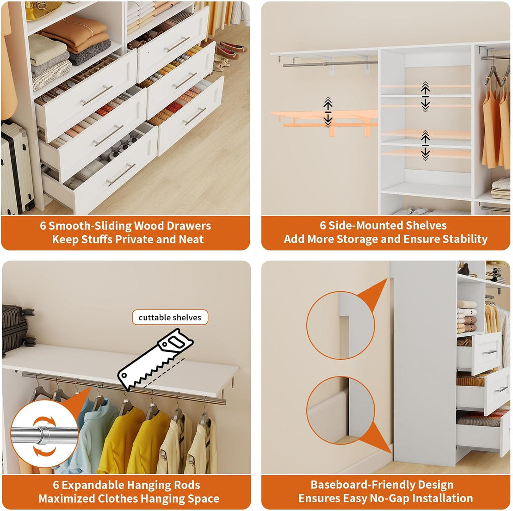 Closet System with 6 Drawers, 6-12.3FT Closet Organizer System Wood with 8 Shelves & 6 Expandable Hanging Rods