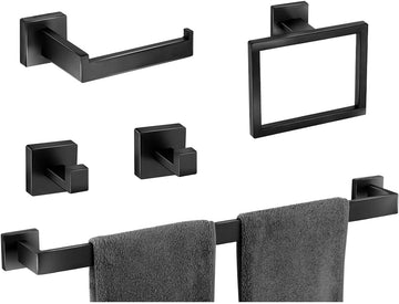 Bathroom Hardware Accessories Set 5 Pieces Matte Black Towel Bar Set, Wall Mounted Towel Rack Toilet Paper Holder