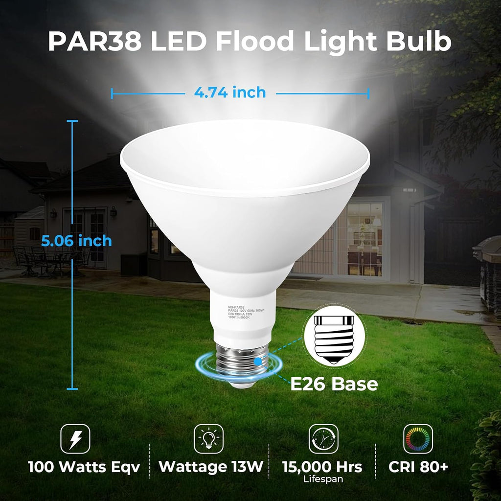 Flood Light Bulbs Outdoor 5000K Daylight, PAR38 LED Porch Light Bulb Waterproof, 100W Equivalent, Dimmable Exterior