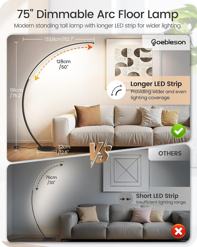75 inch Dimmable LED Arc Floor Lamp with Foot and Remote Control, 3 Color Temperatures, 3000K-6000K Whites