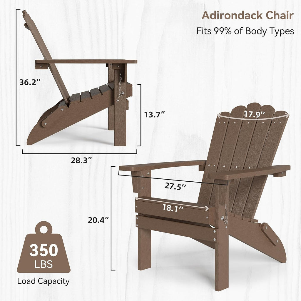 Folding HDPE Adirondack Chair 1 Pack, Brown | Weather-Resistant Patio Chair with Wide Armrests & High Backrest, Fire
