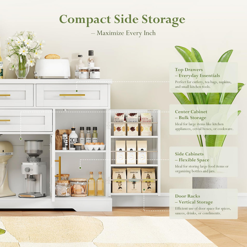 54" Sideboard Cabinet, Kitchen Buffet Cabinet with Storage, White