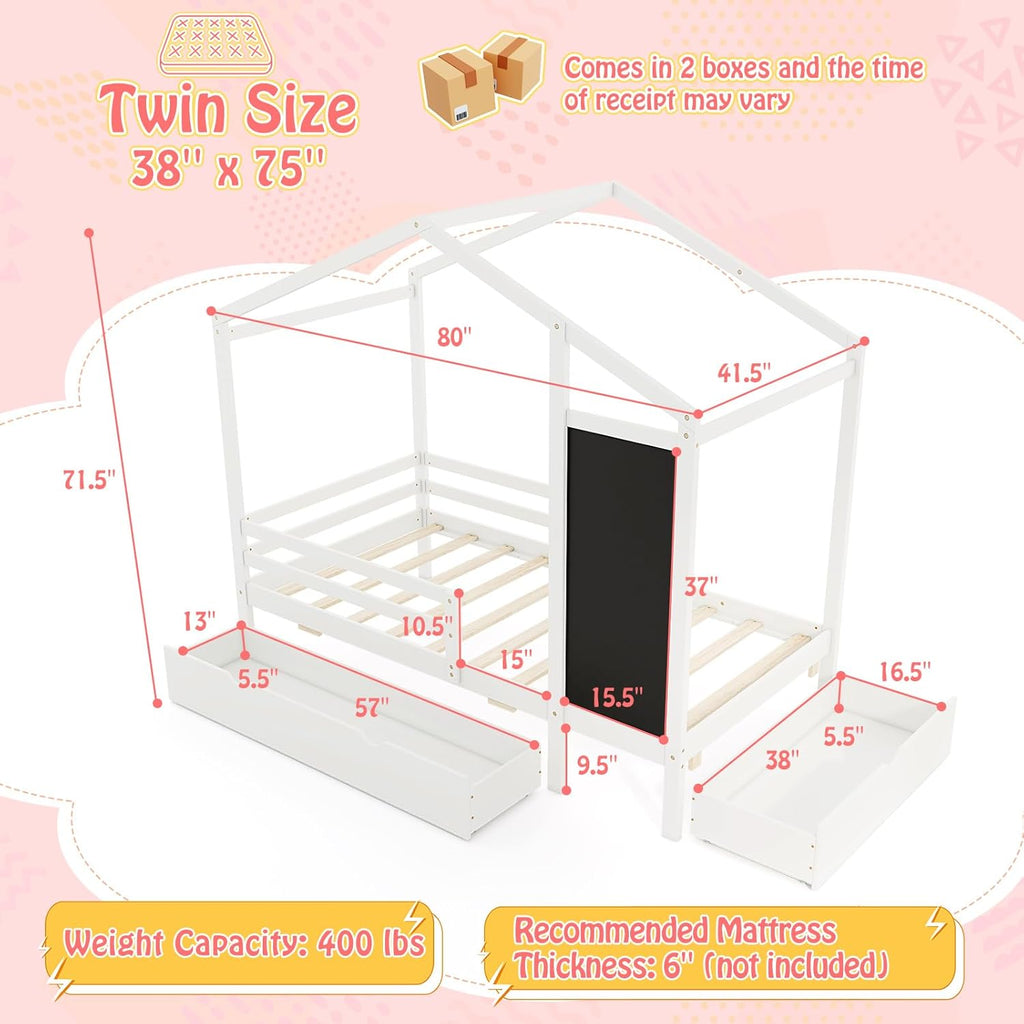 Twin Bed with 2 Storage Drawers, Solid Wood House Bed with Blackboard & Safety Guardrails, Tw Bed w/Slats Support, No