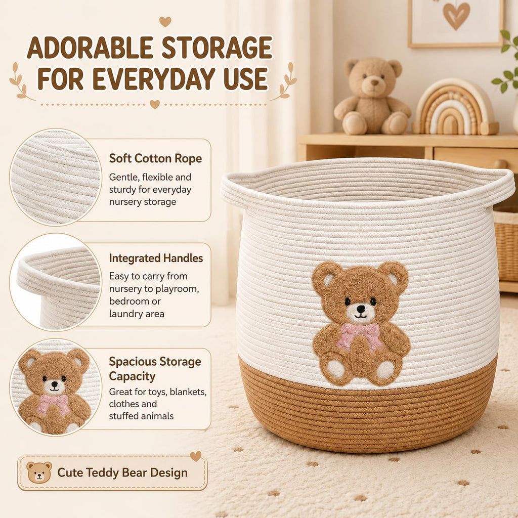 Teddy Bear Nursery Basket, Cotton Rope Baby Laundry Hamper with Handles