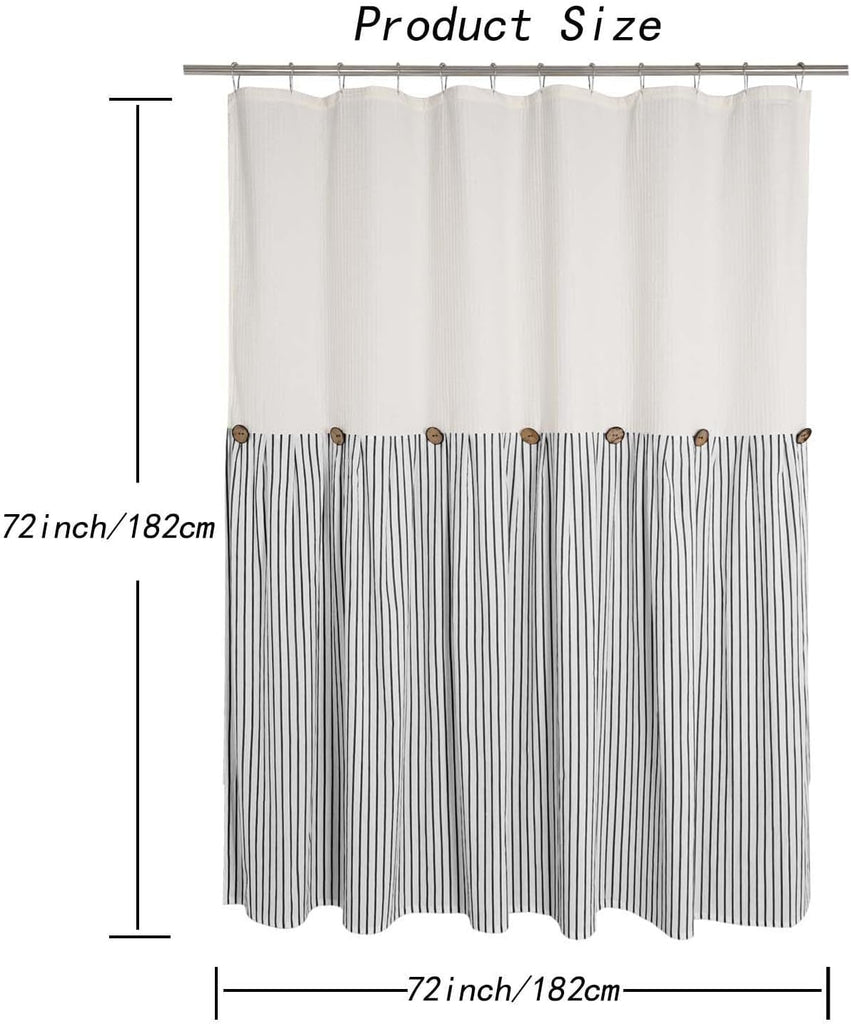 Ides Farmhouse Shower Curtain, Beige and Black Striped, Spa Beige Waffle Weave, Button Curtain, Cotton Woven Fabric