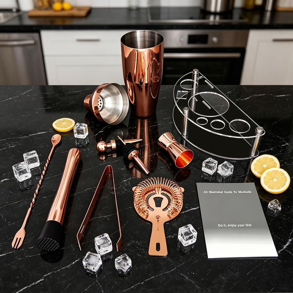 9-Piece Cocktail Shaker with Stand, 25oz Bartender Kit, Cocktail Shaker with Strainer Set, Bar Set Jigger - Set of 8