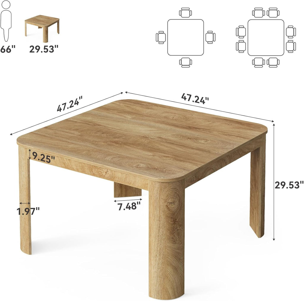 Square Dining Table with Rounded Corners, Modern 47" Kitchen Table for 4 People, Space Saving Dining Room Table for Kitchen (Light Walnut, MDF)