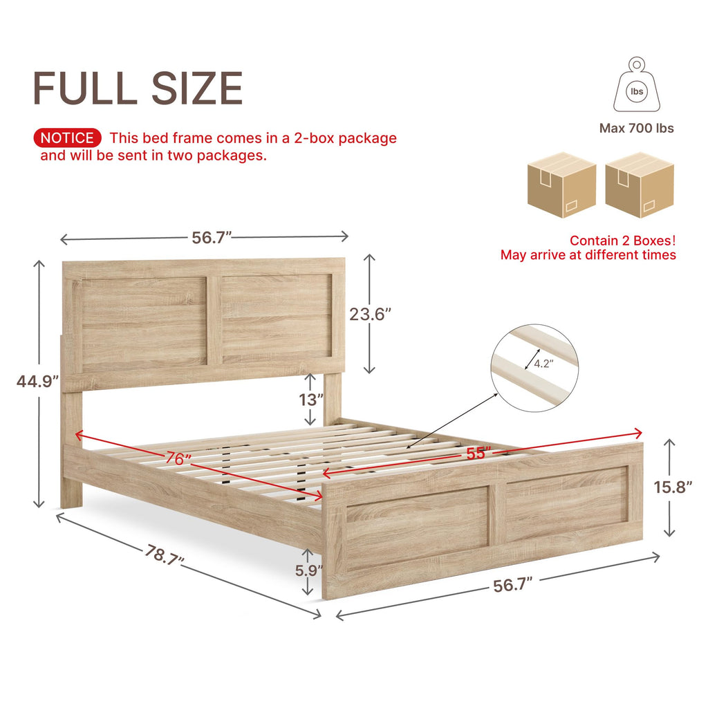 Wood Bed Frame with Headboard and Footboard, Natural, Full