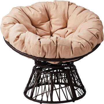 38" Ergonomic Swivel Papasan Chair, 360 Degree Rotating Round Lounge Chair with Thick Tufted Cushion, Modern Wicker