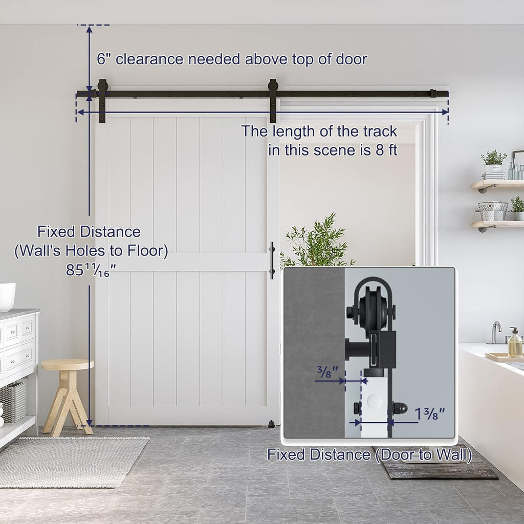 48 x 84 inch White Sliding MDF Barn Door with 8FT Black Sliding Door Hardware Kit & Handle, Pre-Dril