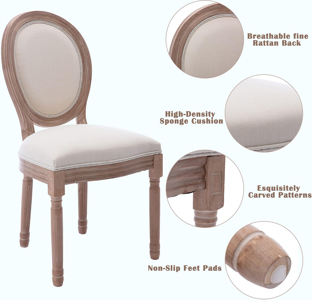 French Country Dining Chairs Set of 2, Vintage Louis-Style Chairs with Curved Backrest and Carved Solid Wood Frame for Dining Room or Restaurant