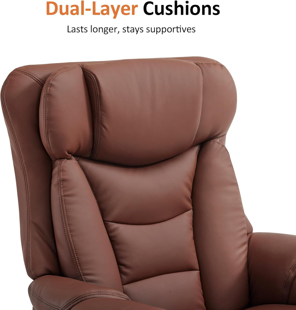 Modern Reclining Swivel Lounge Chair and Ottoman — Brown Faux Leather