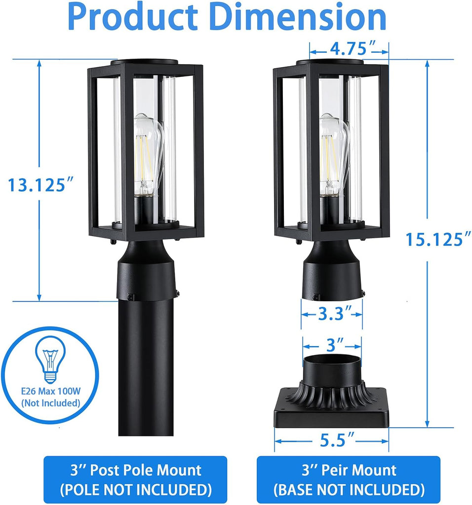 Outdoor Post Lights Lamp Post Light Fixture 2 Pack, Modern Black Exterior Post Lantern Fixture with Tempered Glass