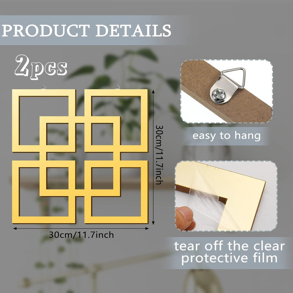 Wall Mount Home Mirror, 2 Pieces Silver Square Decorative Mirror , 11.8 x 11.8 Inches(Gold,Mirrored)