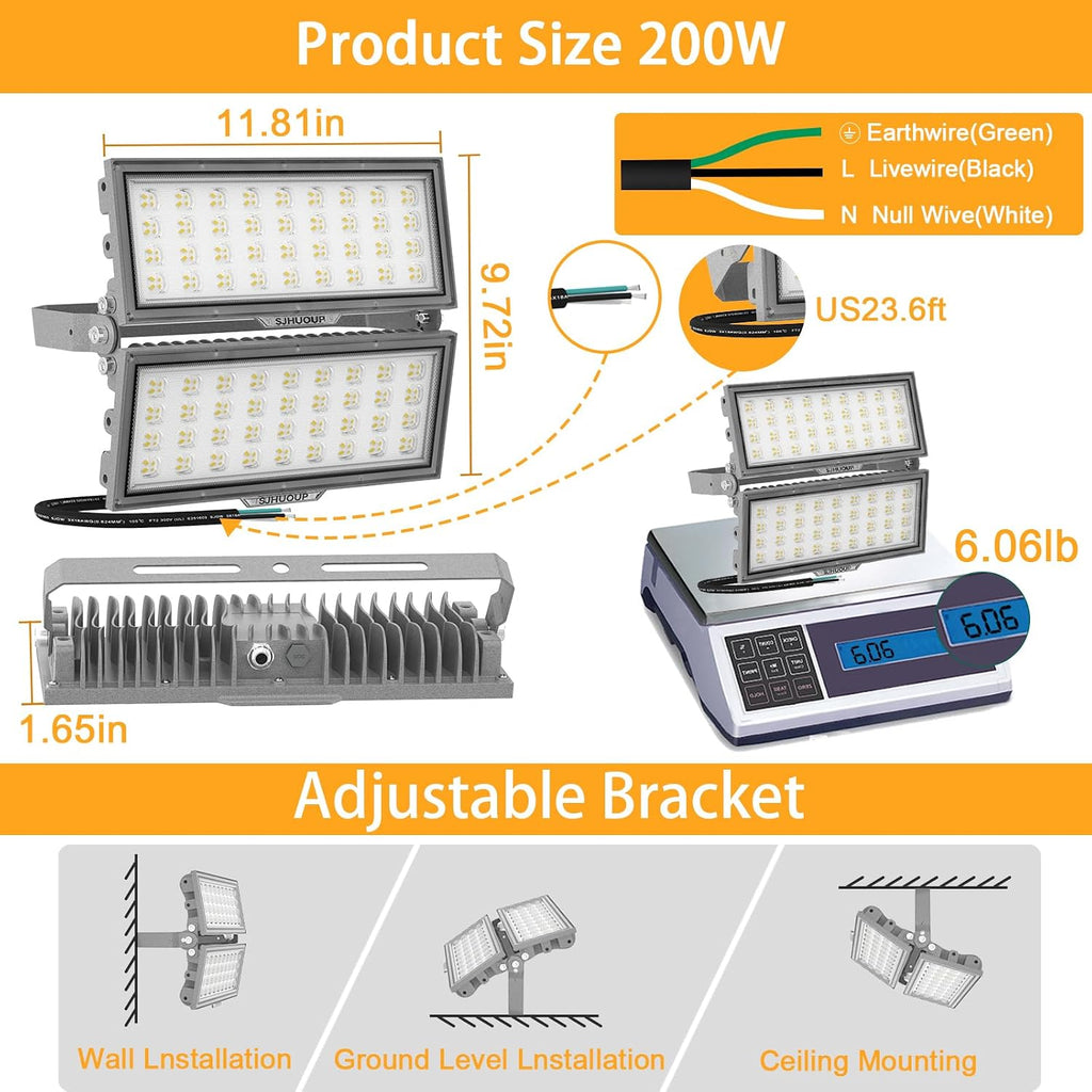 200W LED Outdoor Flood Light Stadium Light Super Bright 26000LM 6KV Surge 6500K Daylight White IP67 Waterproof