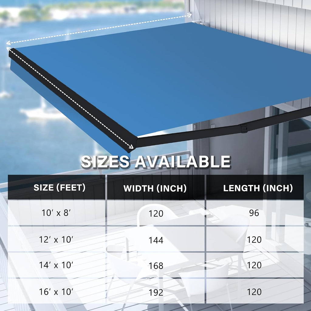 Motorized Awning Outdoor Retractable with Black Structure,15ft Electrical Cord, Remote Control & Wind Sensor, UV
